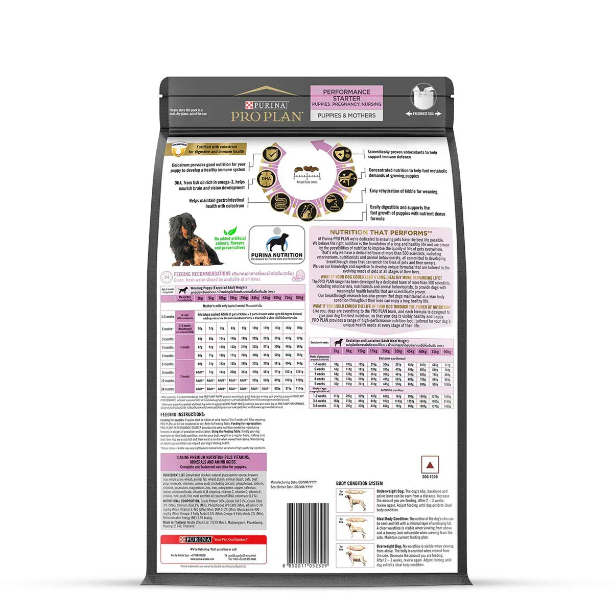 Back of Purina Pro Plan Performance Starter dog food bag with feeding guidelines and nutrition facts