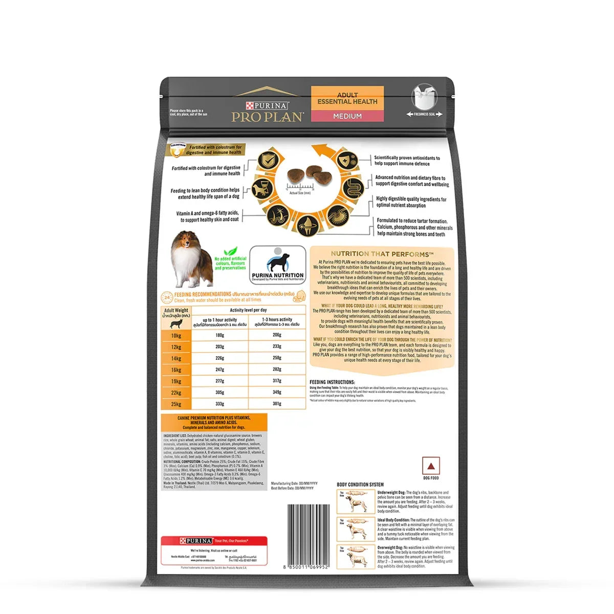 Back of Purina Pro Plan Adult Essential Health Medium dog food bag with feeding chart and nutrition info