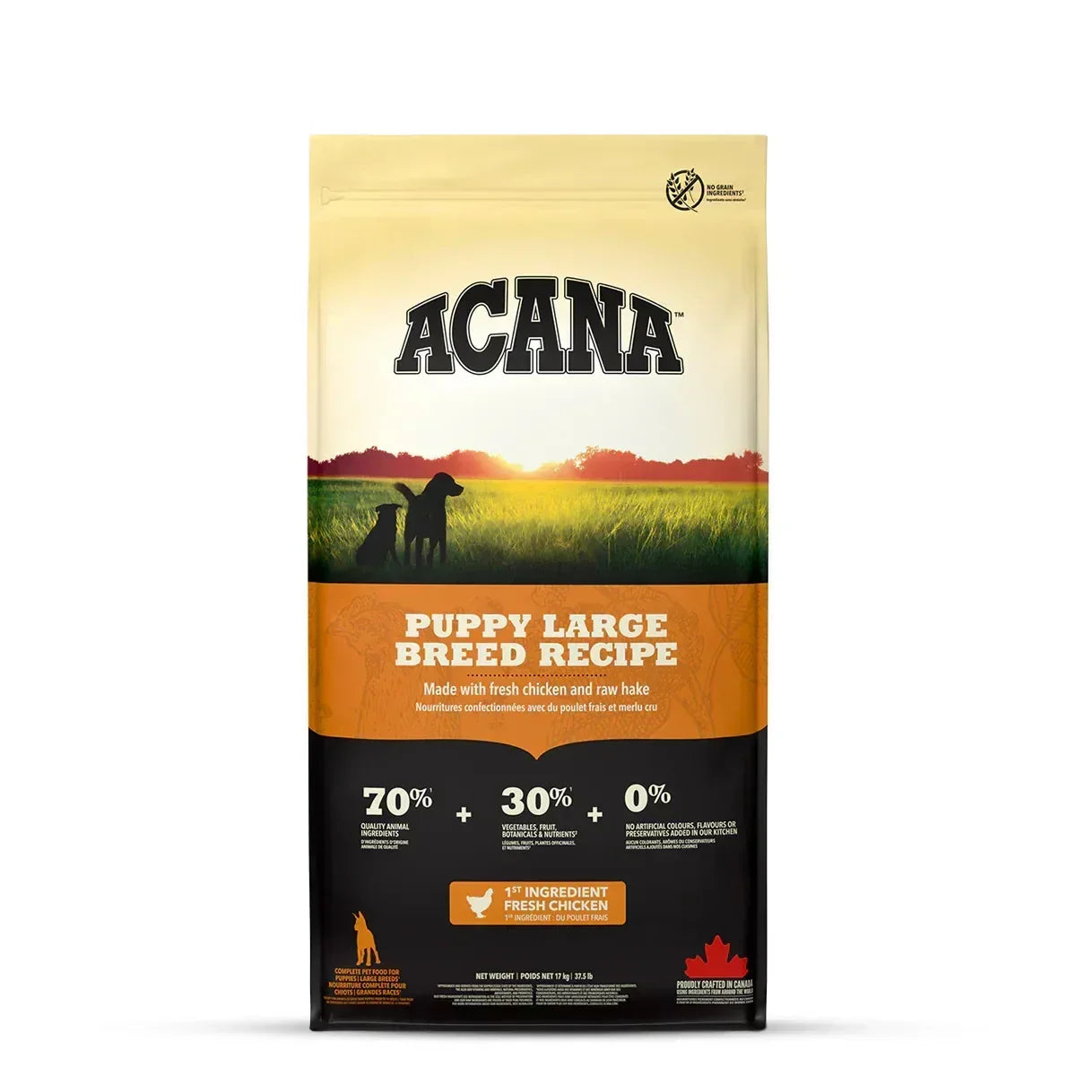 Zigly Acana Puppy Large Breed dry dog food 17kg bag with landscape and puppy silhouettes