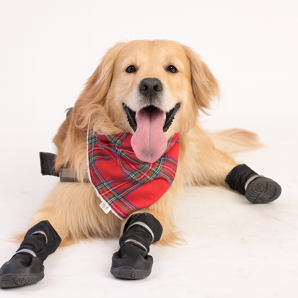 Golden retriever dog wearing black boots and red plaid bandana lying on white background with zigly