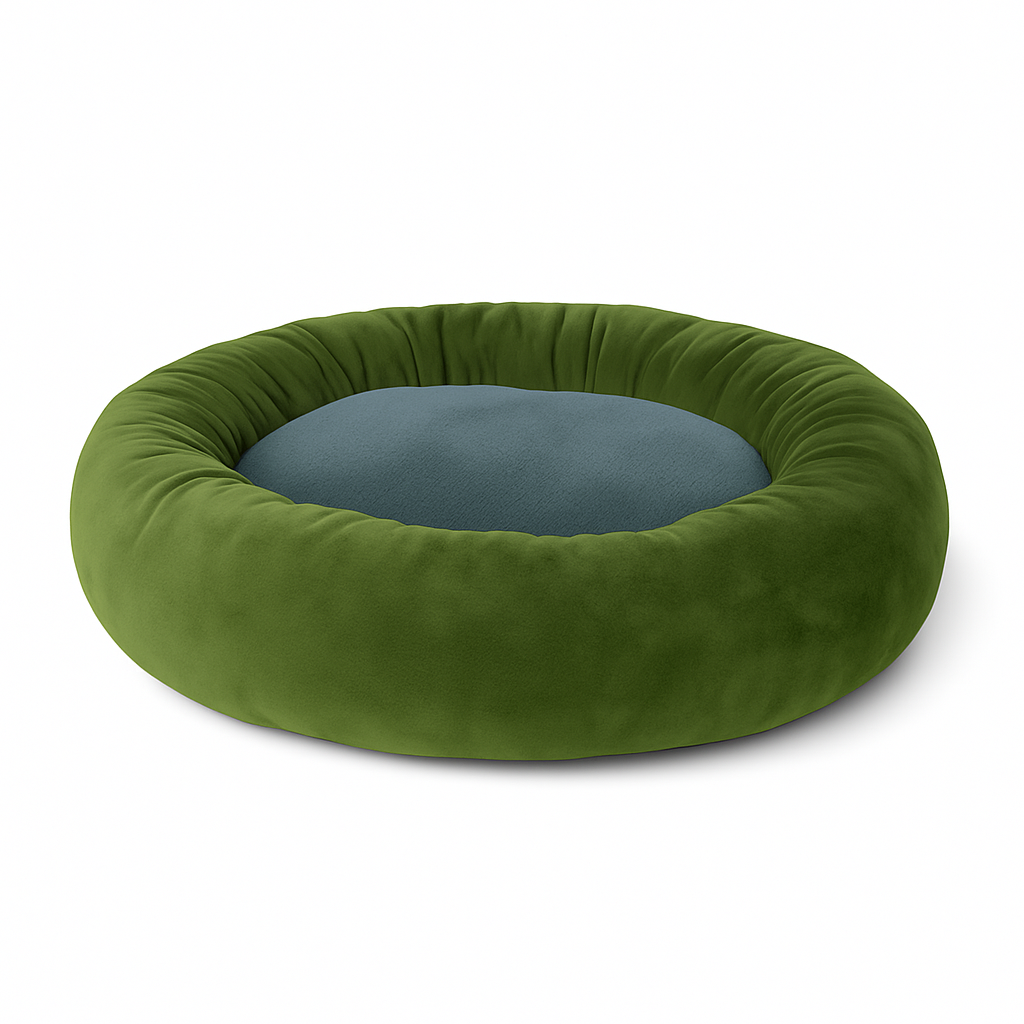 Zigly soft round pet bed with green cushioned rim and blue center cushion