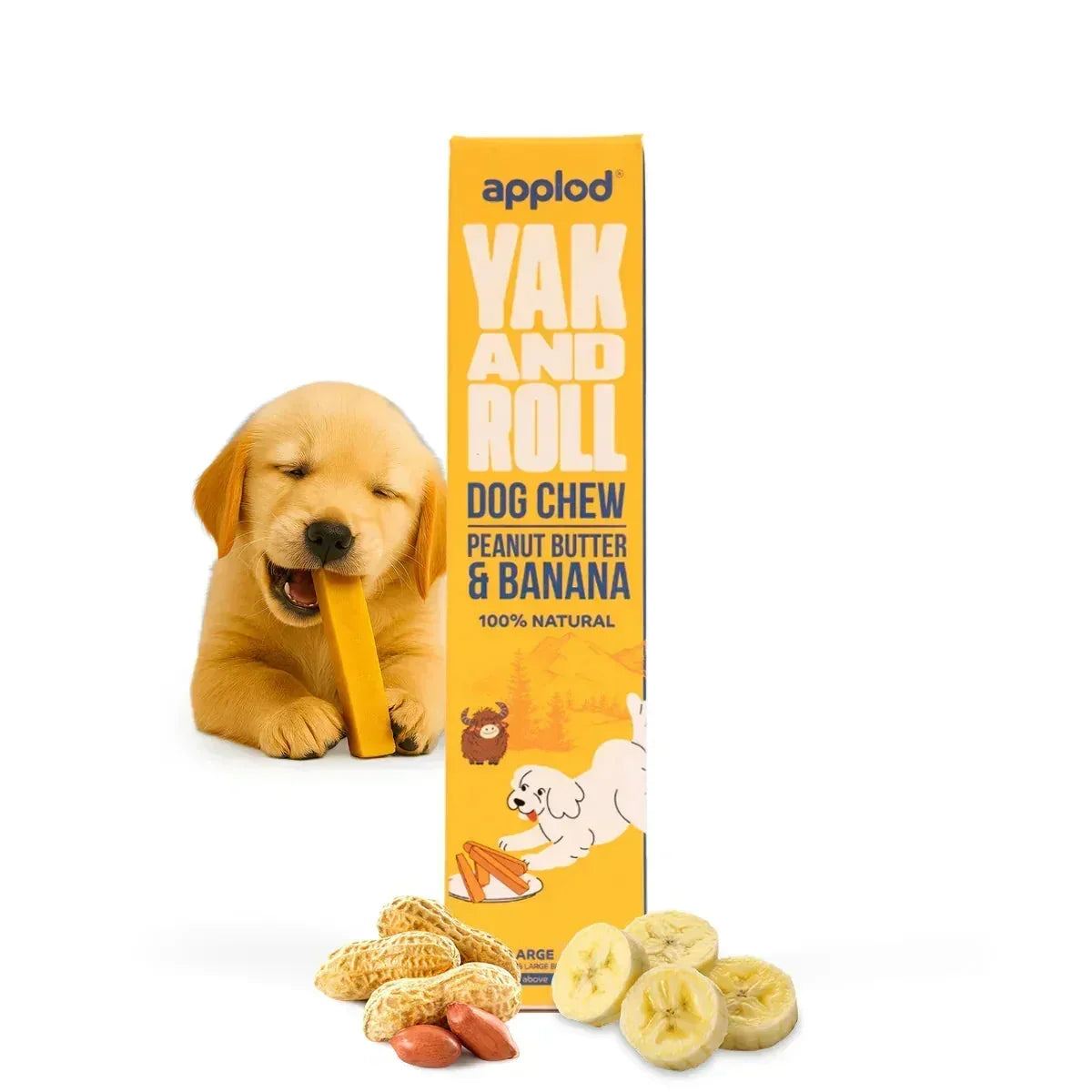 Applod Yak & Roll Peanut Butter & Banana Dog Chew with a puppy, available at zigly