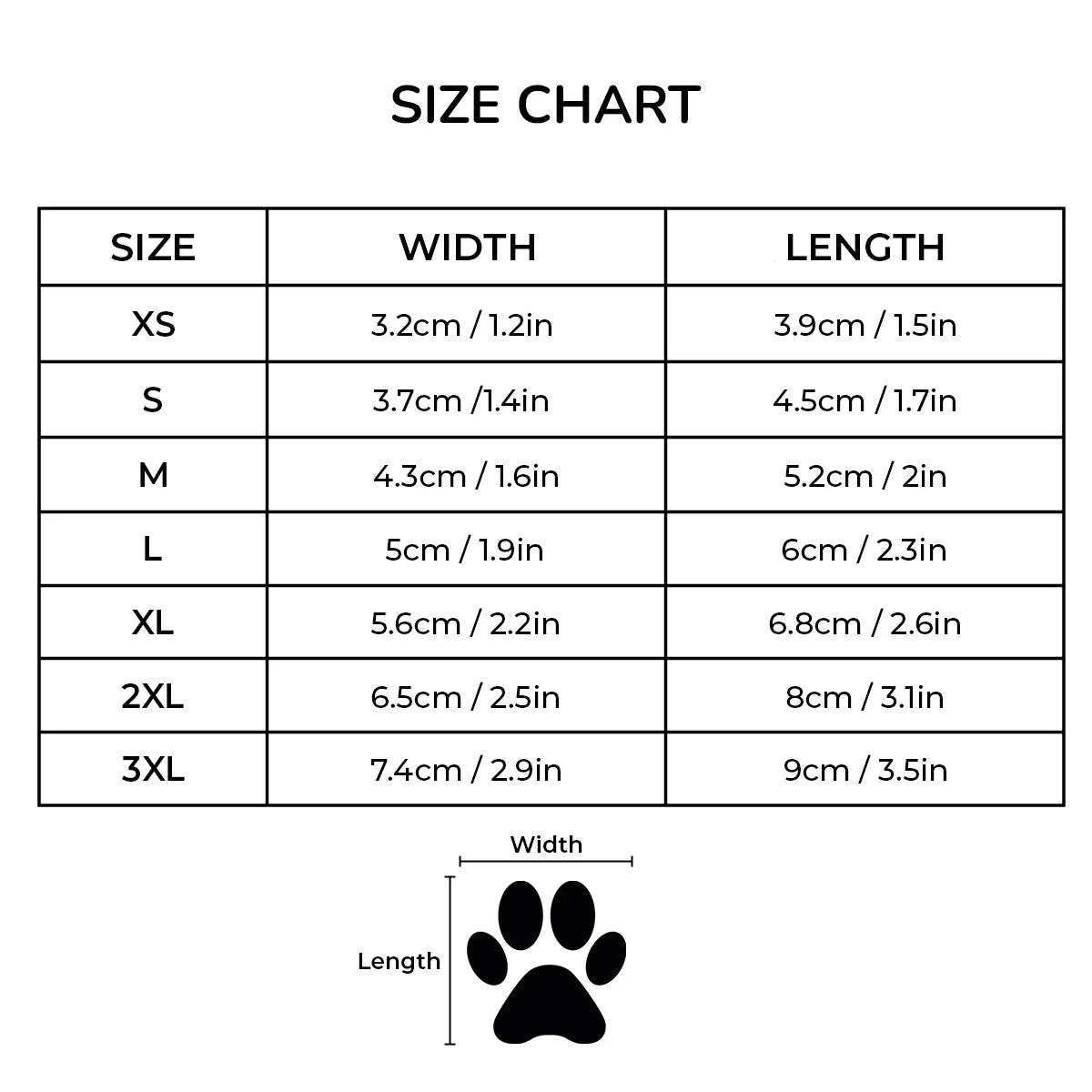Pod dog boots size chart with measurements for Zigly