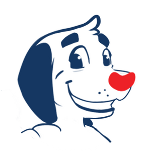 Cartoon character with a blue outfit and red nose on a white background