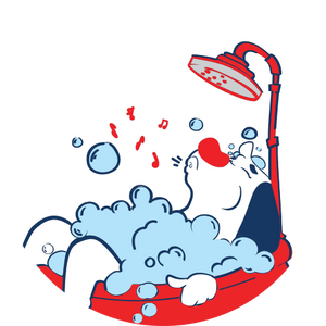 Cartoon character taking a shower with a red showerhead and blue water, on a white background.