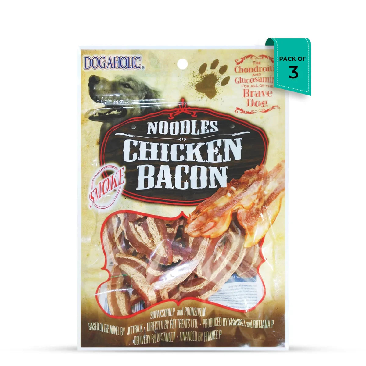 Dogaholic Noodles Smoked Chicken Bacon Strips Dog Meaty Treat - 130g - Zigly