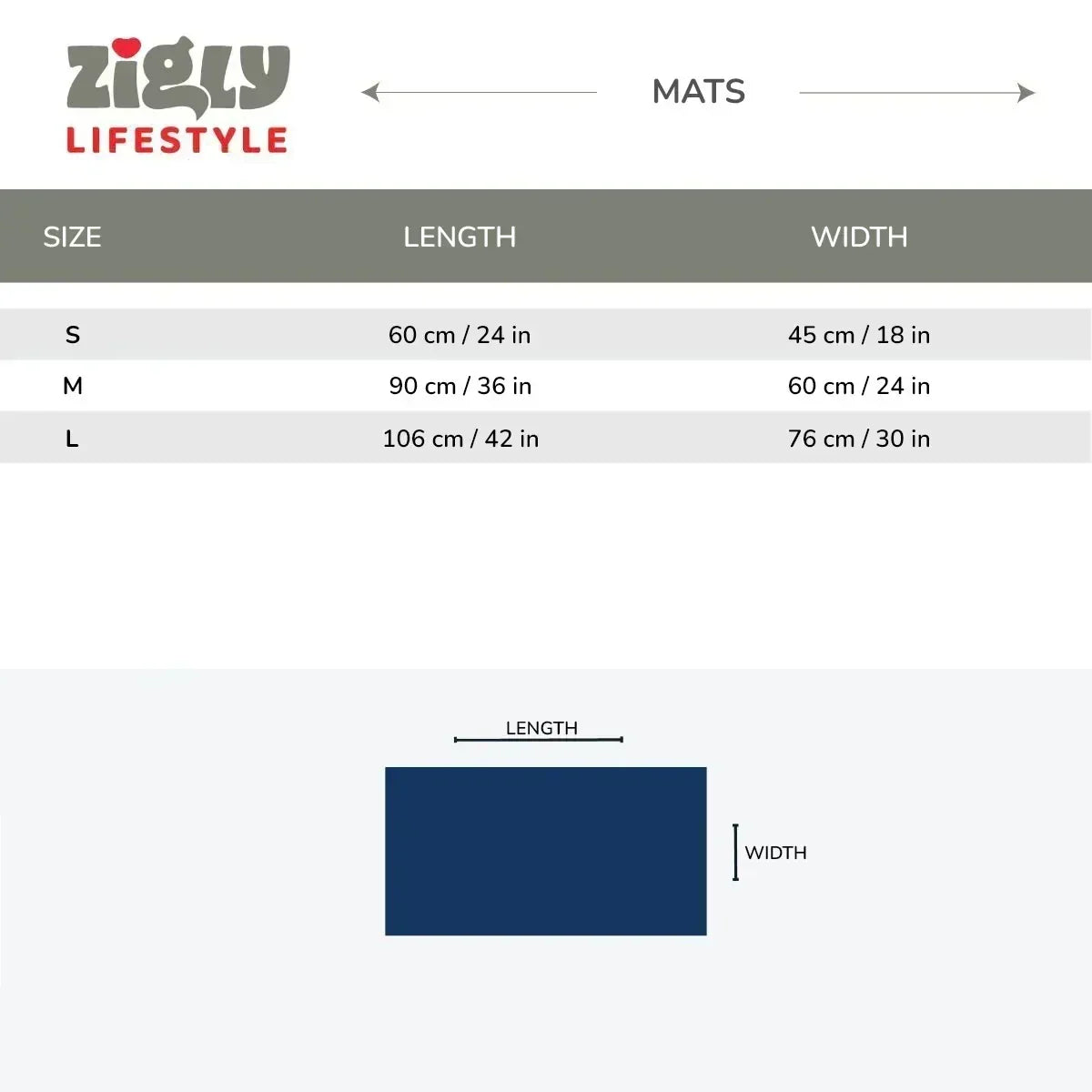 Zigly Lifestyle mat size chart showing small, medium, large sizes with lengths and widths in cm and inches