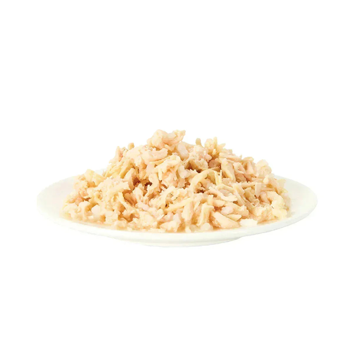 Zigly shredded chicken wet pet food on a white plate, isolated on white background