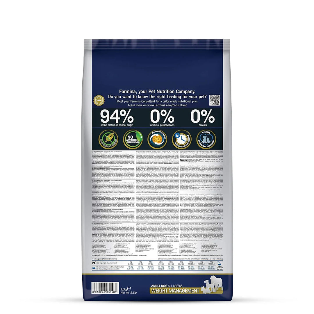 Farmina N&D Grain Free Quinoa Weight Management - (Lamb, Broccoli & Asparagus) Dry Dog Food - All Breeds Adult - 2.5kg - Zigly