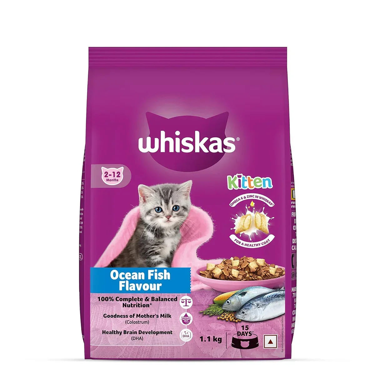 Whiskas kitten dry food Ocean Fish Flavour 1.1kg with healthy brain development and balanced nutrition zigly
