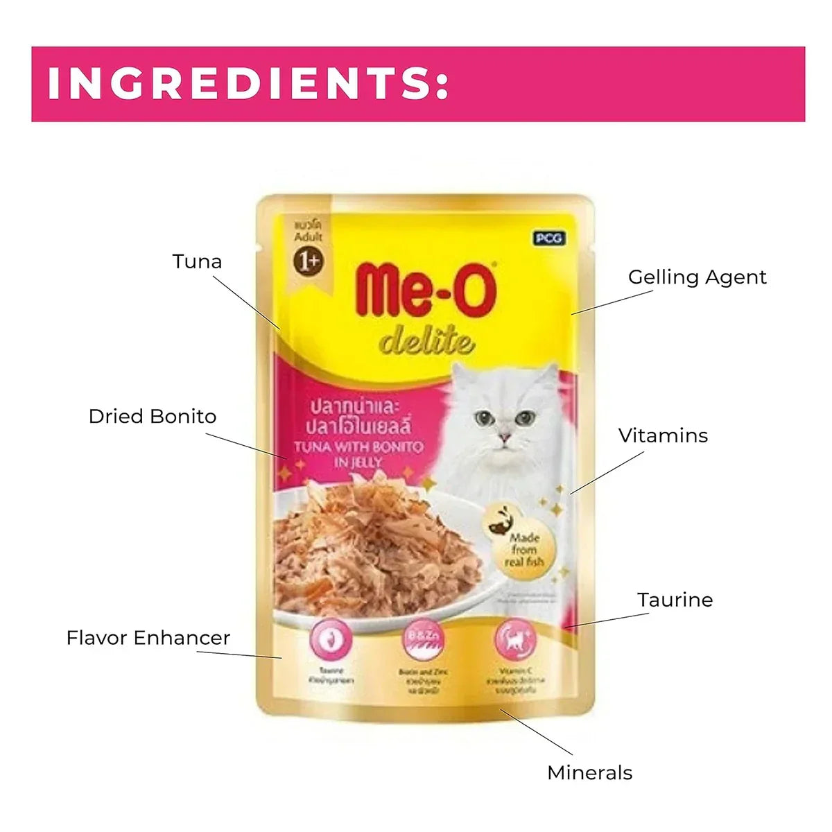 Me-O Delite Tuna with Bonito in Jelly Wet Cat Food - All Breed Adult - (70g x 12 Pouches) - Zigly