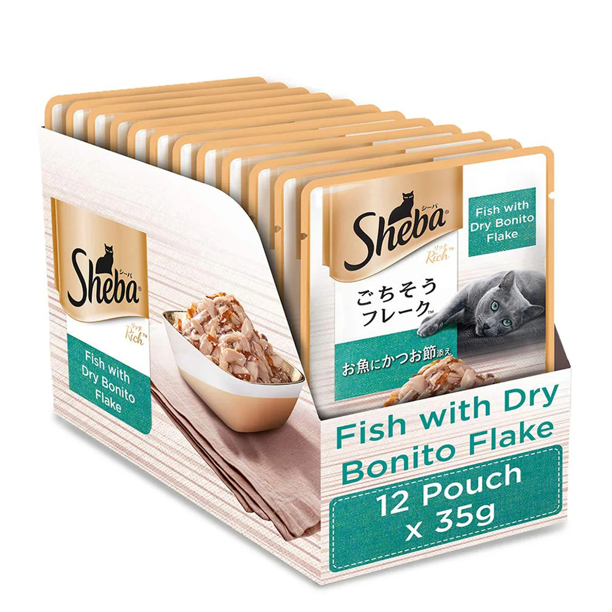 Sheba Wet Cat Food - Fish with Dry Bonito Flake - (35g x 12 Pouches) - Zigly