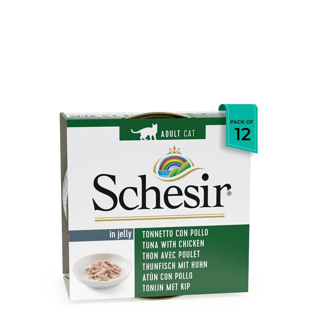 Schesir adult cat food pack of 12 tuna with chicken in jelly with zigly branding