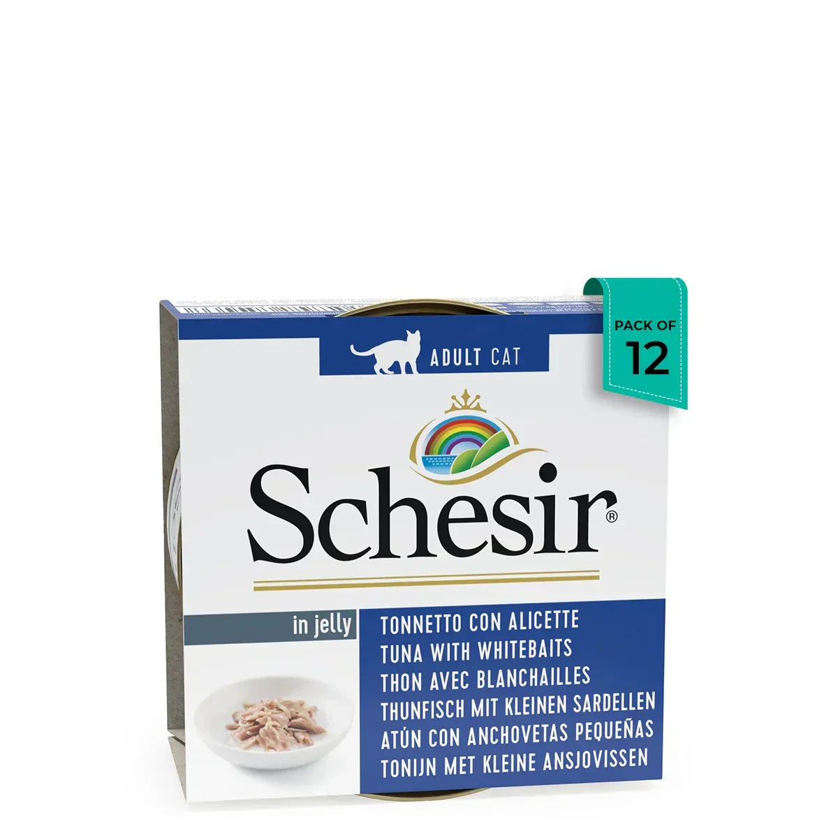 Schesir adult cat food pack of 12 tuna with whitebaits in jelly cans, zigly