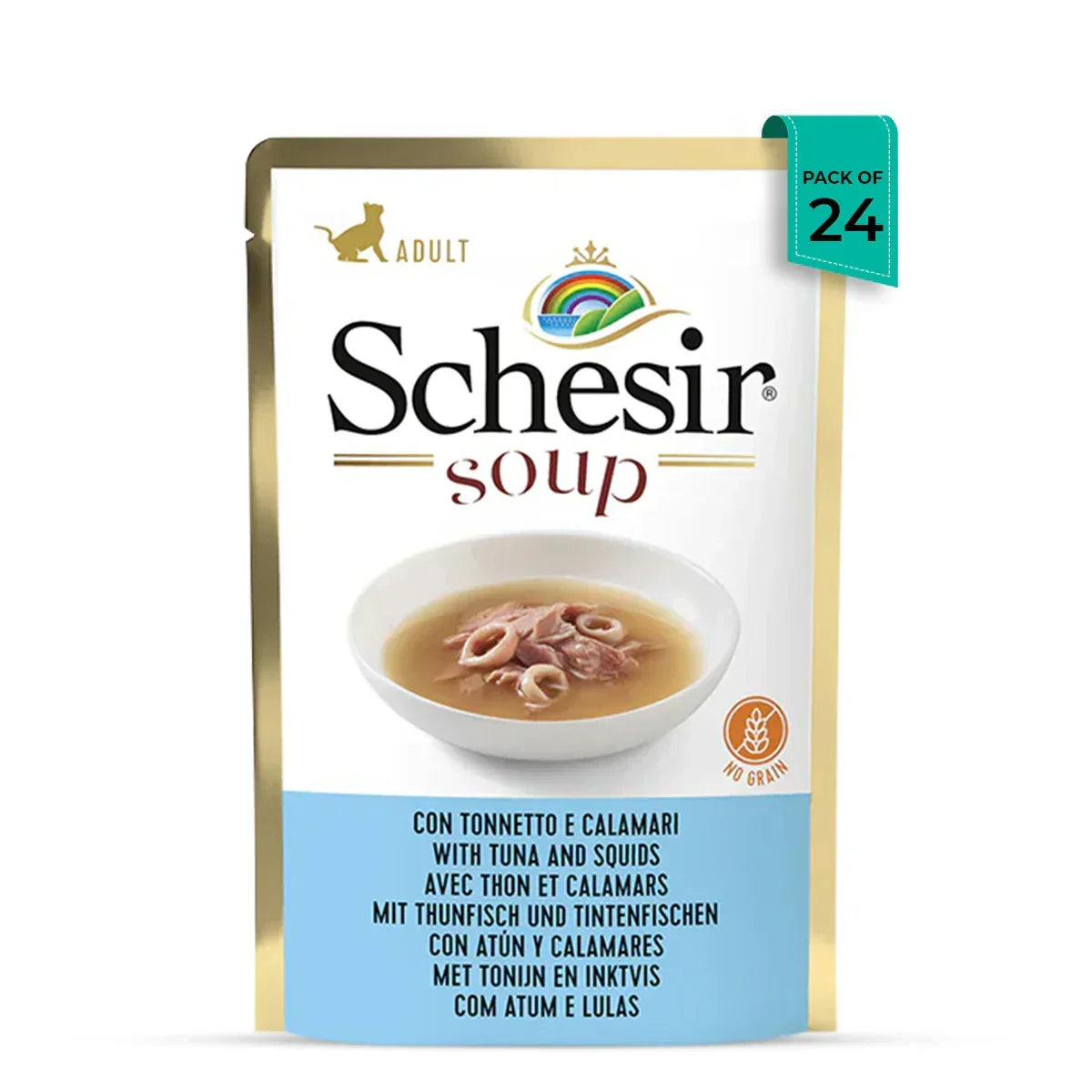Schesir adult cat soup with tuna and squids in white bowl, no grain, pack of 24, zigly