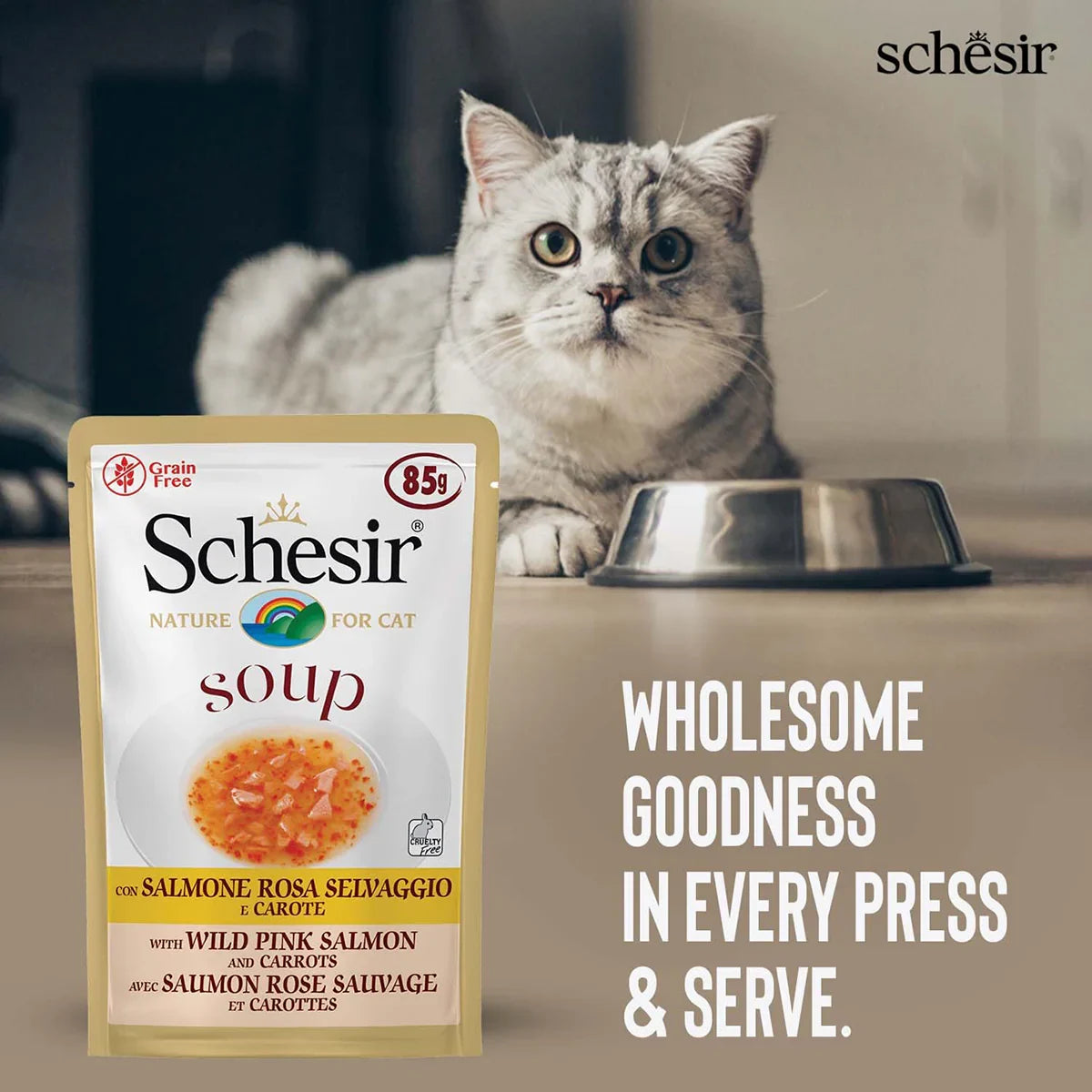 Schesir Pink Salmon & Carrot Soup Pouch Wet Cat Food - All Breed Adult - 85g - Zigly