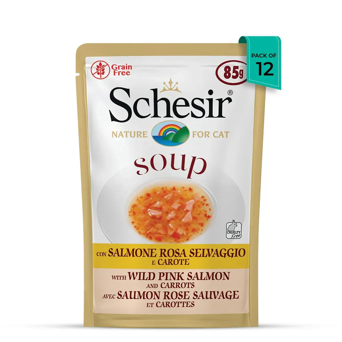 Schesir cat soup pouch with wild pink salmon and carrots, grain free, pack of 12, zigly