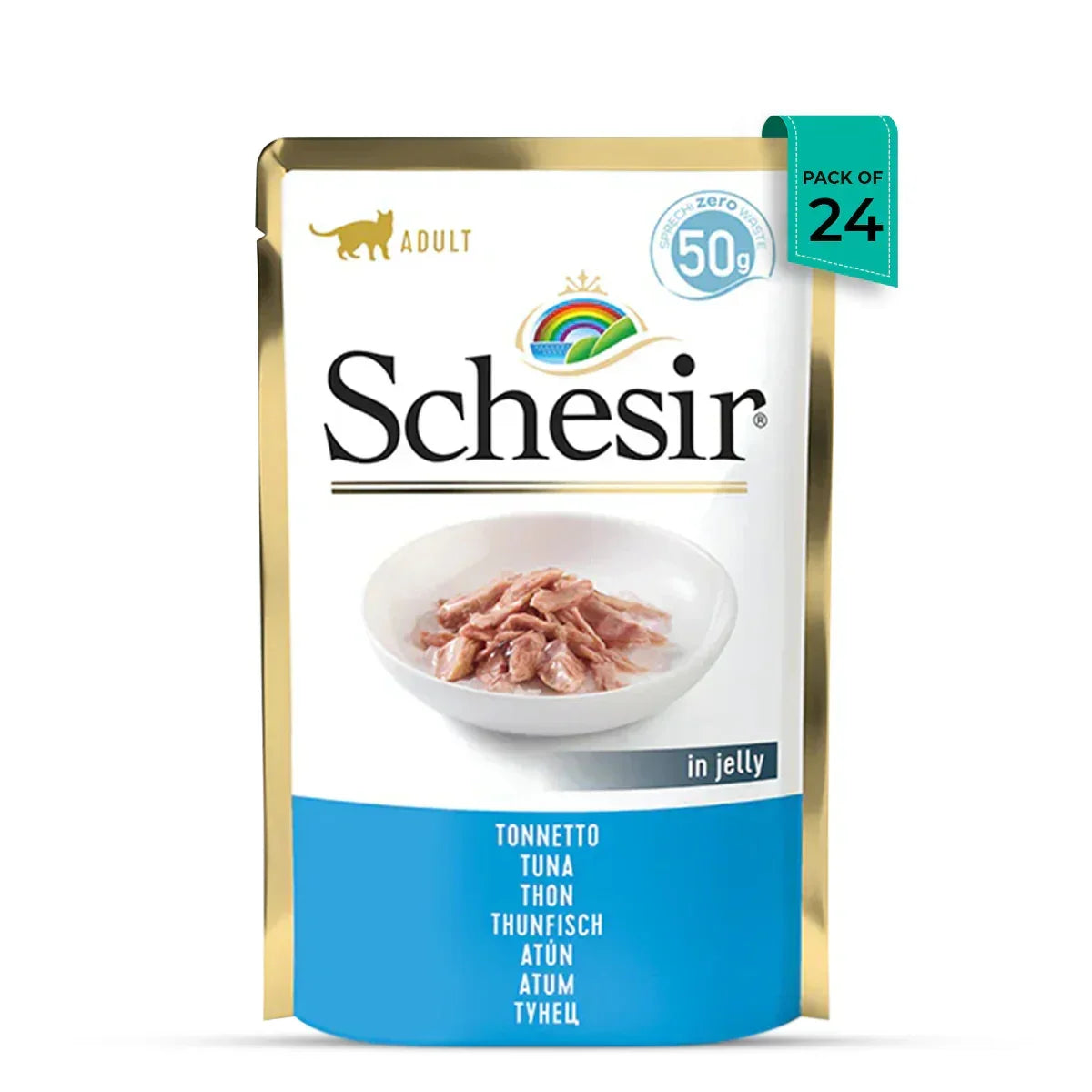 Schesir adult cat food pouch with tuna in jelly, 50g pack of 24, zigly