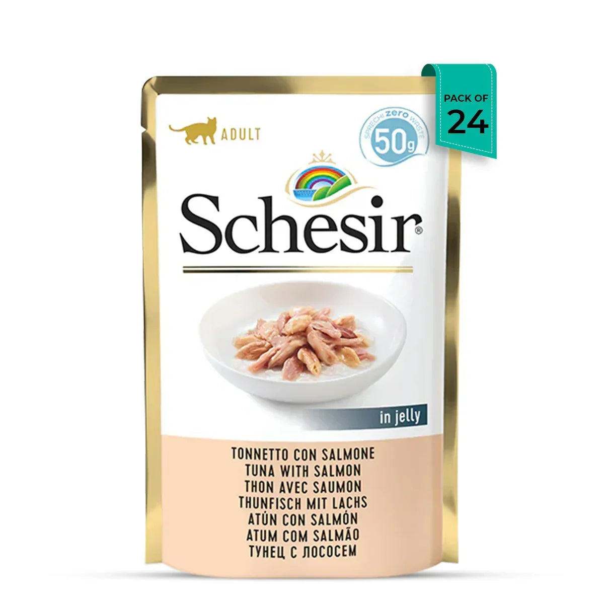 Schesir adult cat food tuna with salmon in jelly 50g pack of 24 pouch zigly