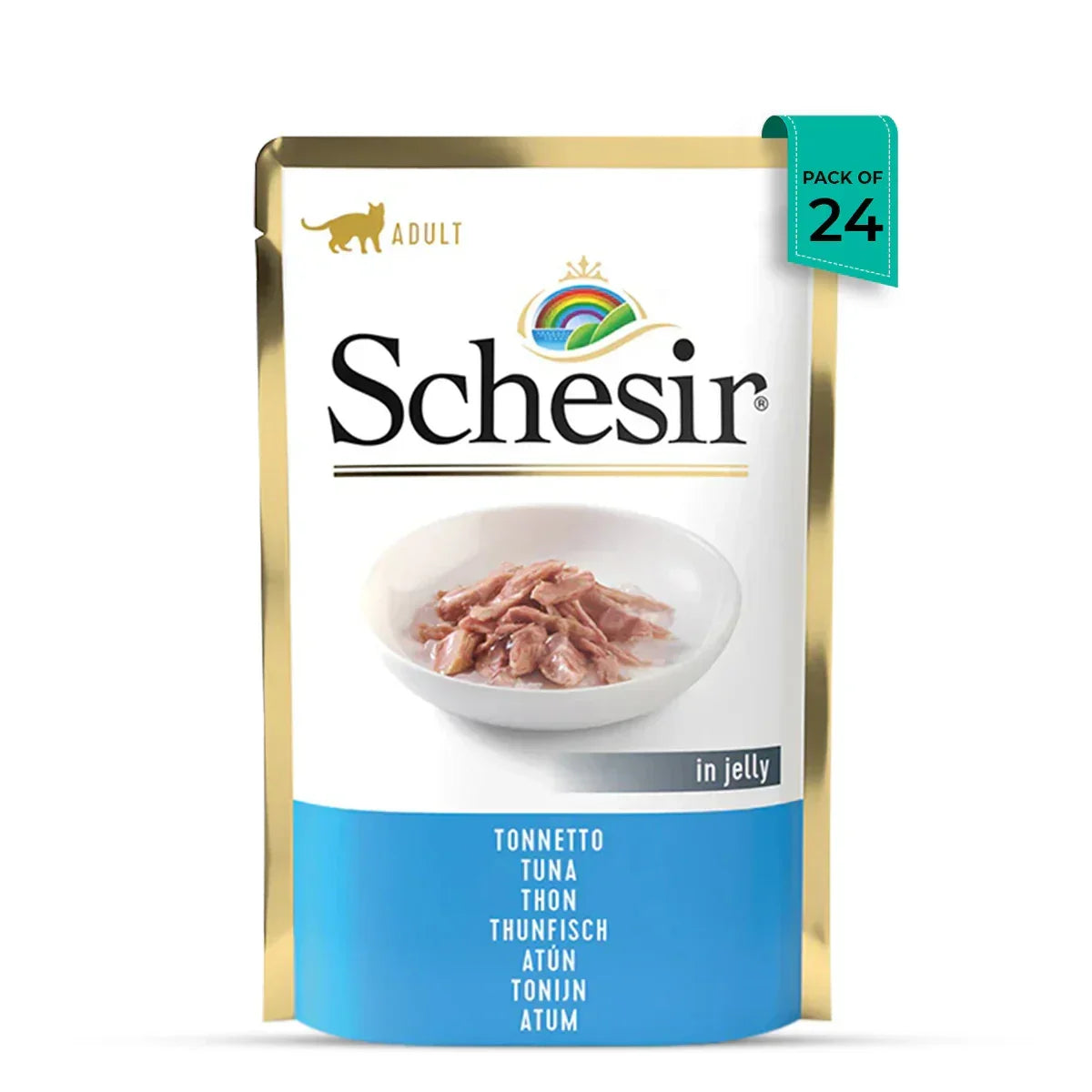 Schesir adult cat food pouch with tuna in jelly, pack of 24, branded with zigly