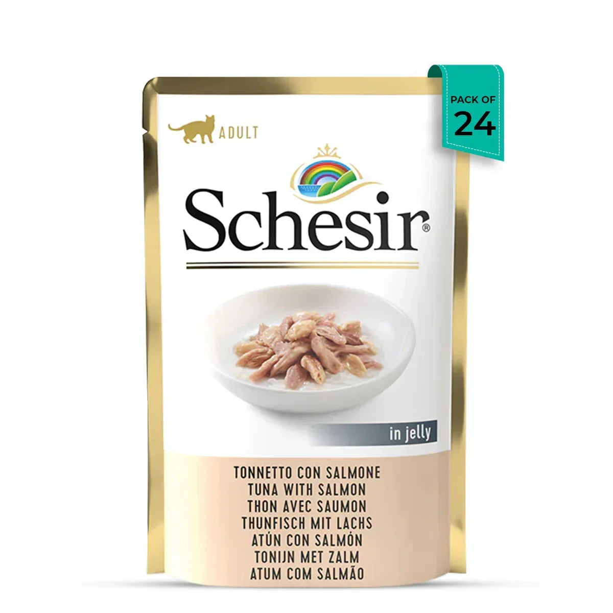 Schesir adult cat food pouch tuna with salmon in jelly pack of 24 featuring zigly
