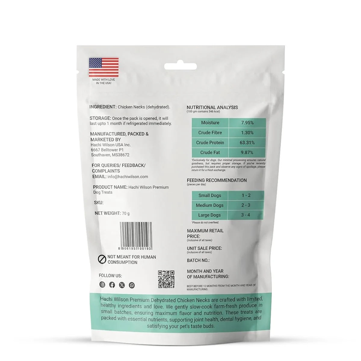 Hachi Wilson Premium Dehydrated Chicken Neck Dog Treat - 70g - Zigly