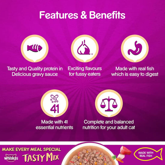 Whiskas Tasty Mix Tuna with Kanikama & Carrot In Gravy Wet Cat Food - All Breed Adult (1+ year) - 70g Pouch - Zigly