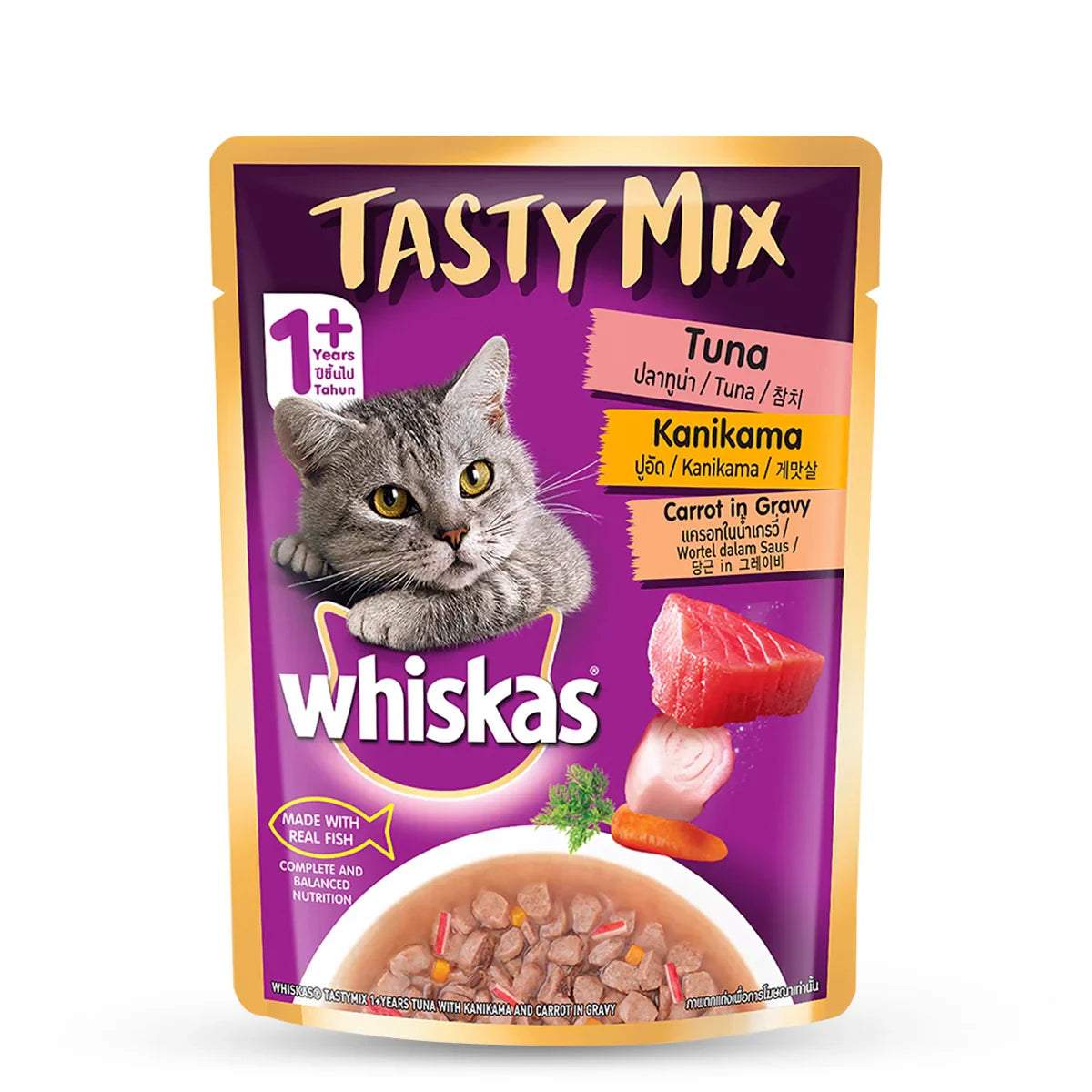 Whiskas Tasty Mix Tuna with Kanikama & Carrot In Gravy Wet Cat Food - All Breed Adult (1+ year) - 70g Pouch - Zigly