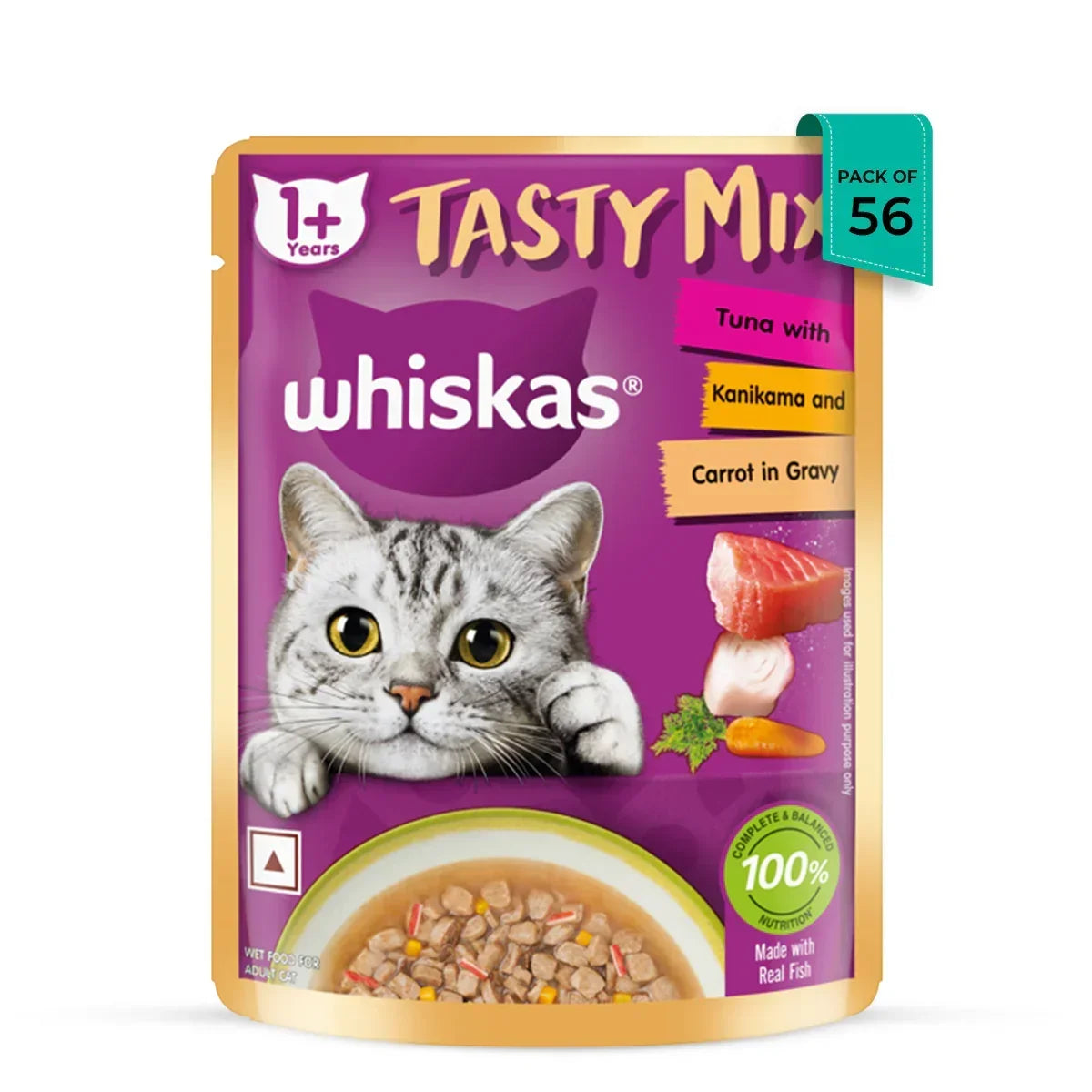 Whiskas Tasty Mix Tuna with Kanikama and Carrot in Gravy wet cat food pouch.