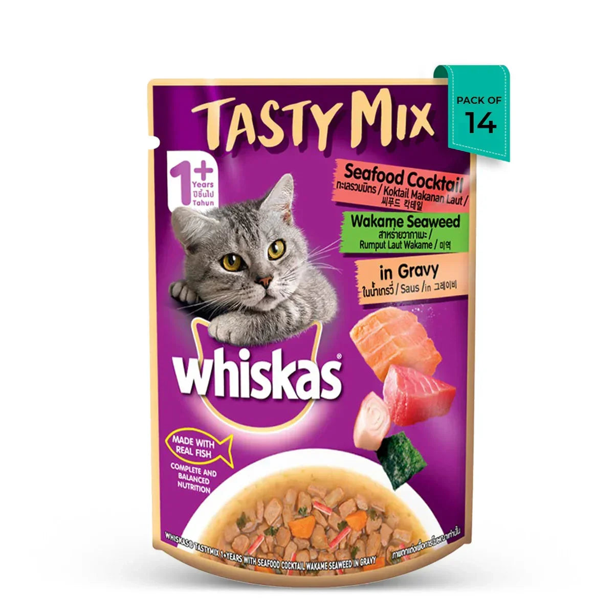 Whiskas Tasty Mix Seafood Cocktail Wakame Seaweed In Gravy Wet Cat Food - All Breed Adult (1+ year) - Zigly