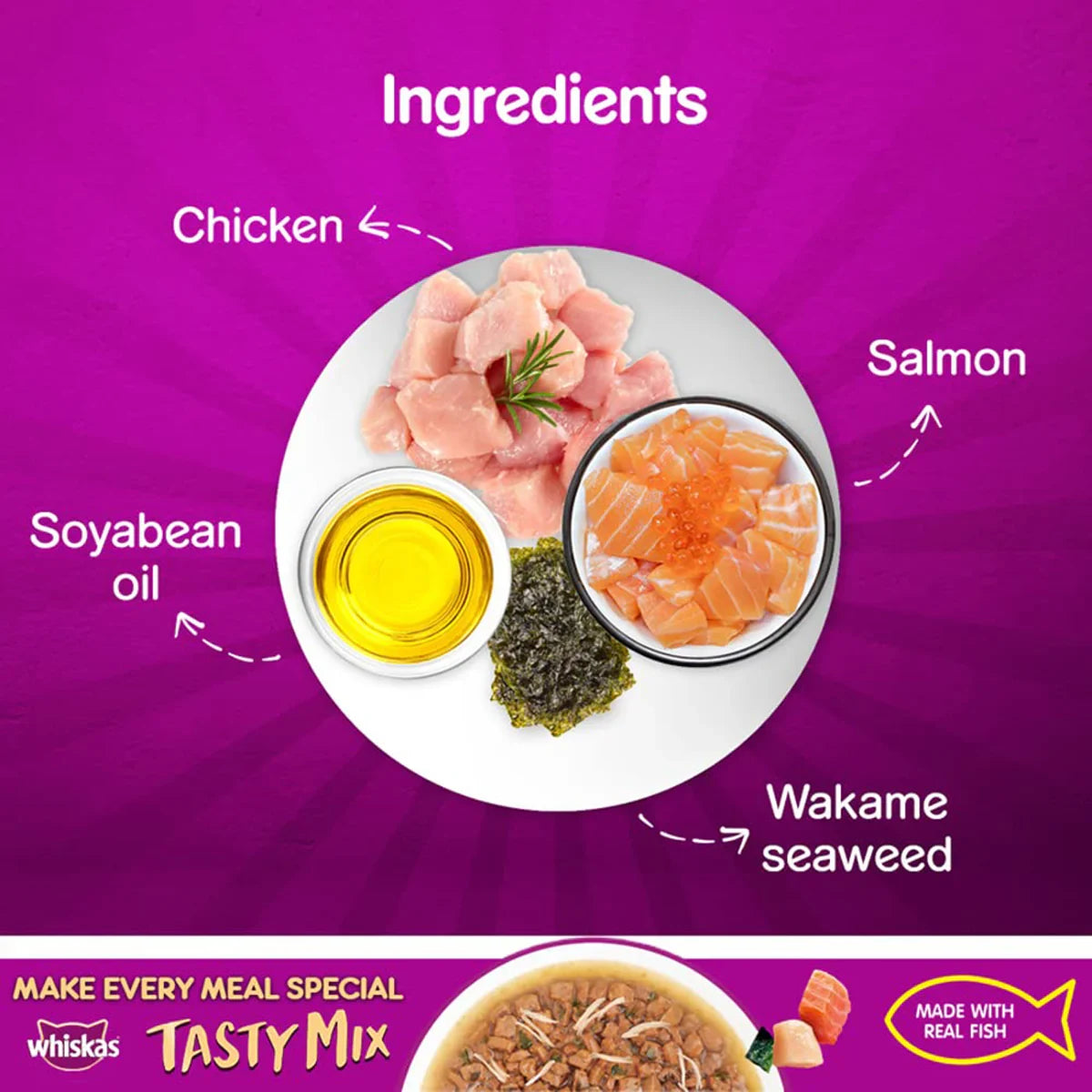 Whiskas Tasty Mix Chicken With Salmon Wakame Seaweed In Gravy Wet Cat Food - All Breed Adult (1+ year) - Zigly