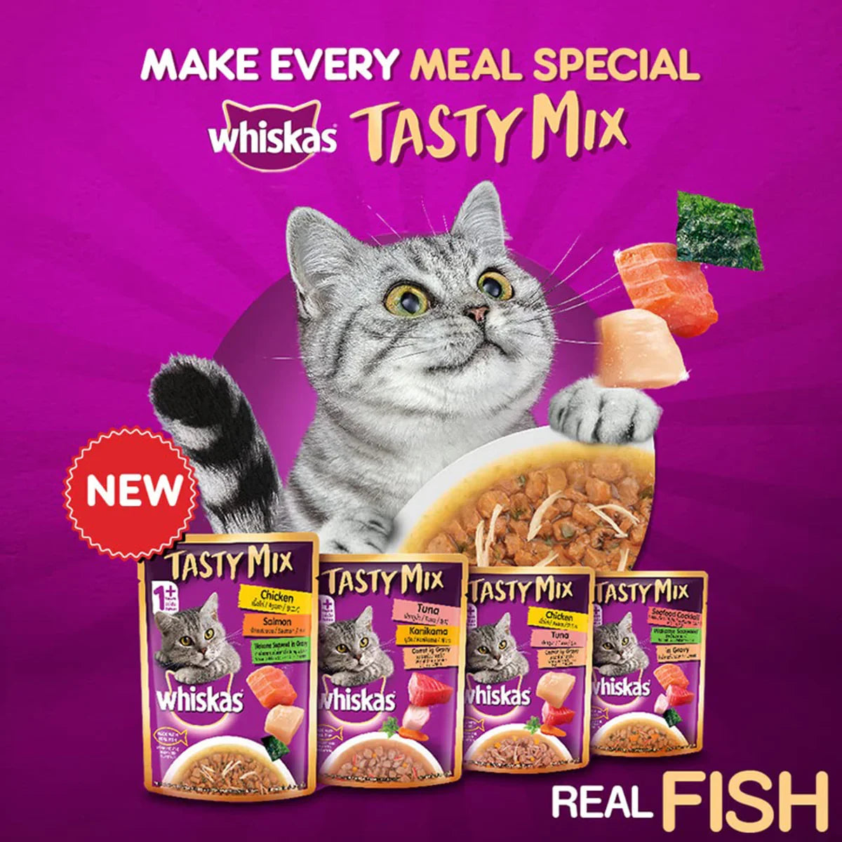 Whiskas Tasty Mix Chicken With Salmon Wakame Seaweed In Gravy Wet Cat Food - All Breed Adult (1+ year) - Zigly