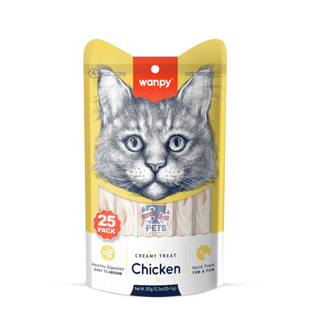 Zigly Wanpy chicken creamy cat treats 25 pack with detailed cat face on yellow packaging