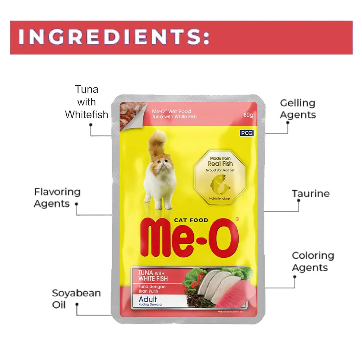 Me-O Tuna White Fish Adult Wet Cat Food - All Breed Adult - 80g - Zigly