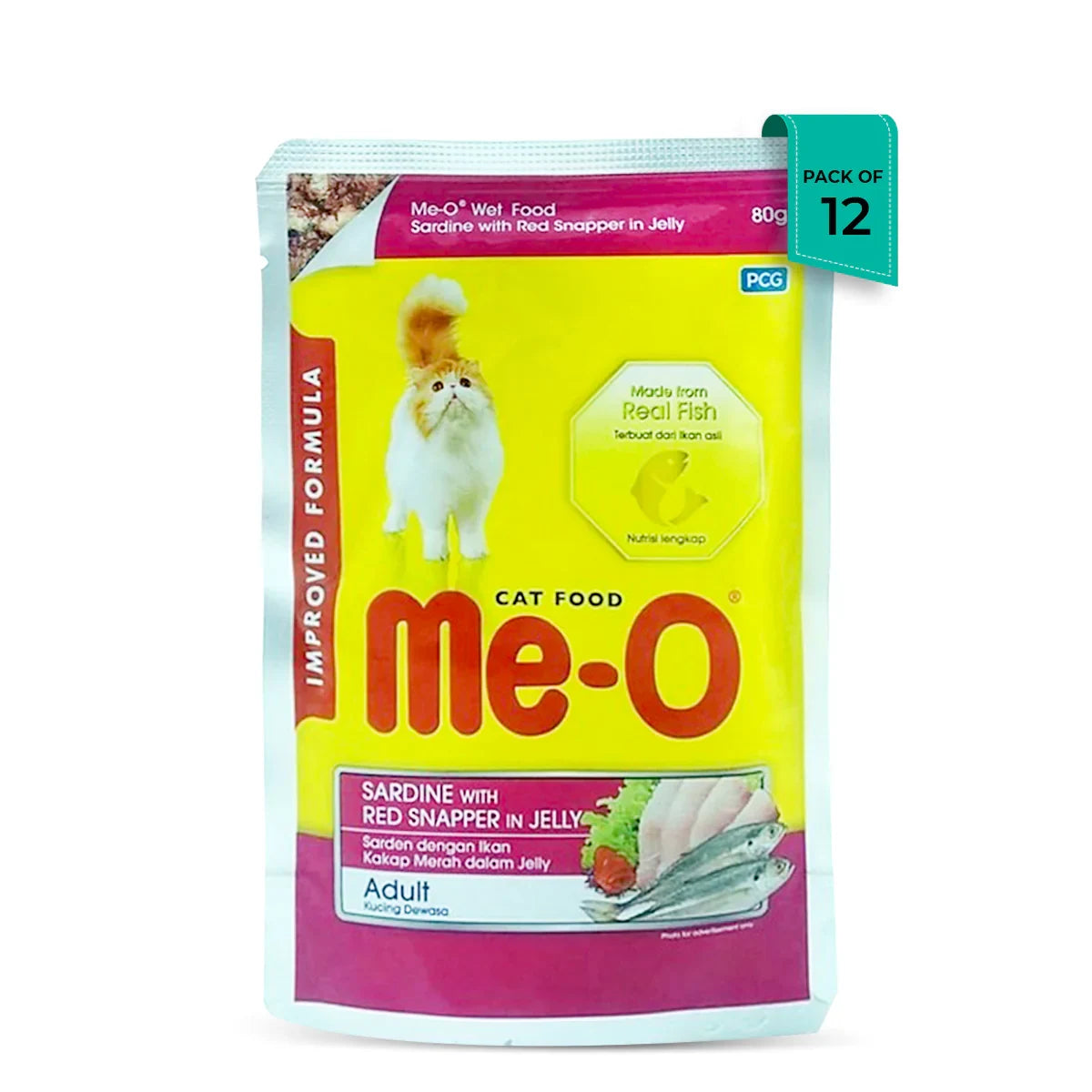 Me-O Sardine With Red Snapper In Jelly Wet Cat Food - All Breed Adult - 80g (Pack Of 12) - Zigly