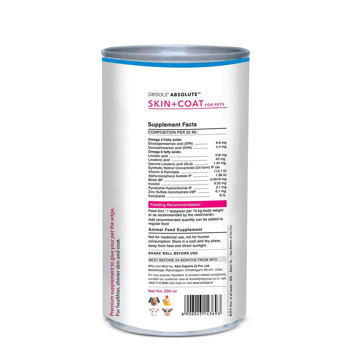 Drools Absolute Skin & Coat Syrup Supplement For Dogs - 300 ml - Zigly