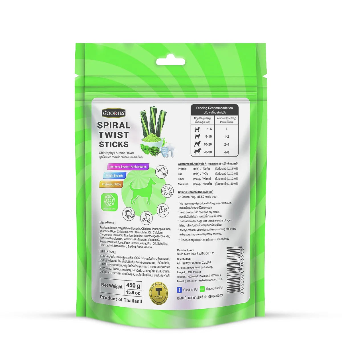 Goodies Spiral Twist Sticks Chlorophyll & Mint Flavour Dog Dental Treat - 450g - Zigly