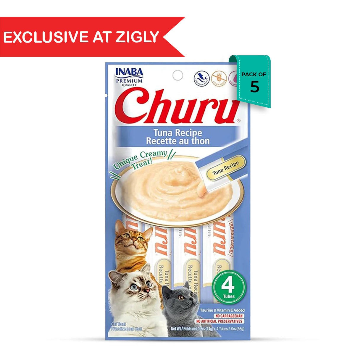 Zigly exclusive Churu tuna creamy cat treat pack of 5, featuring cats and product tubes