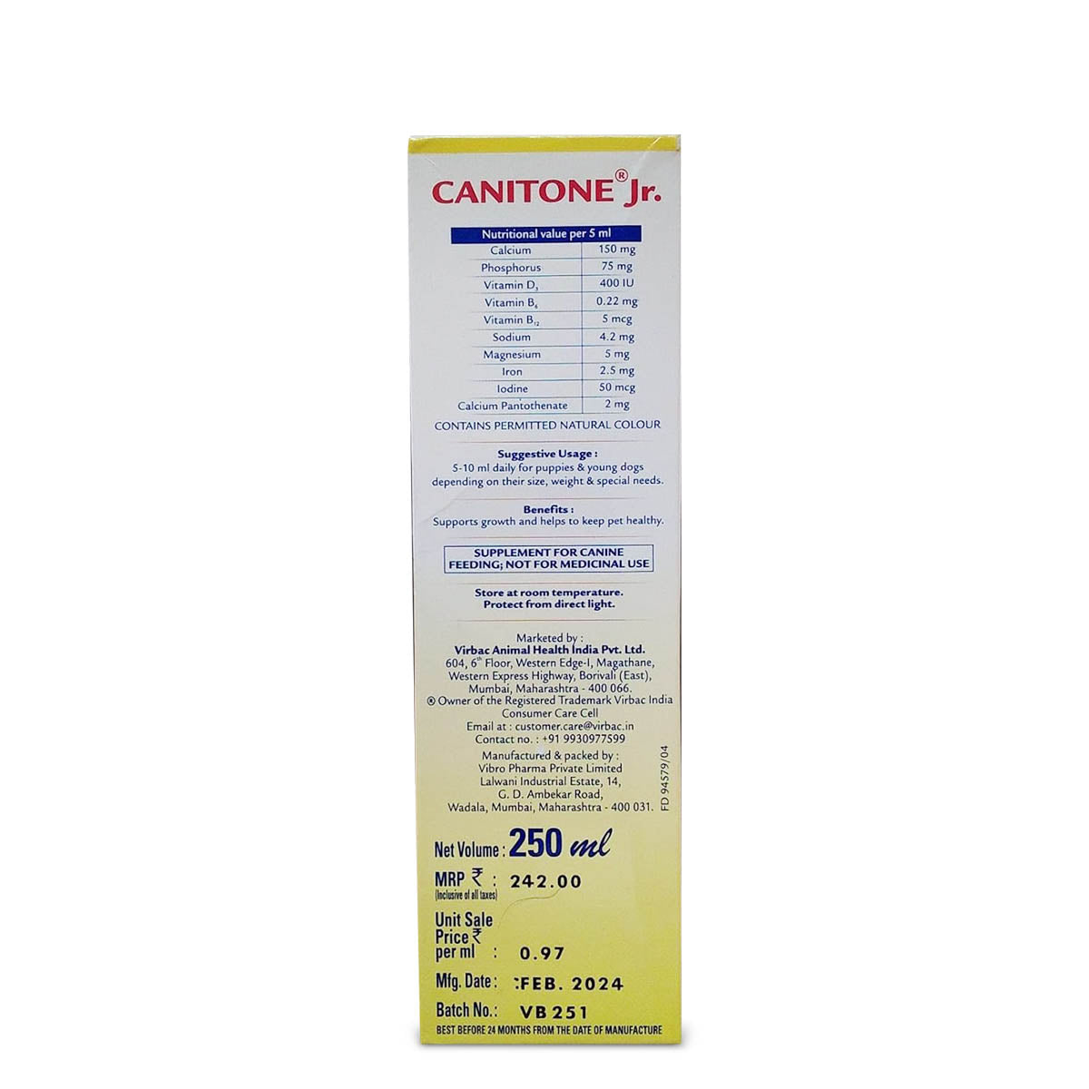 Virbac Canitone Junior Multivitamin Syrup for Dogs and Cats (250ml)