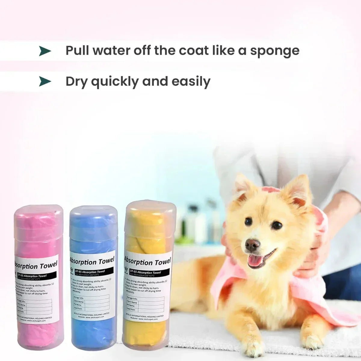 Zigly pet absorption towels in pink, blue, yellow with dog being dried by towel, grooming setting