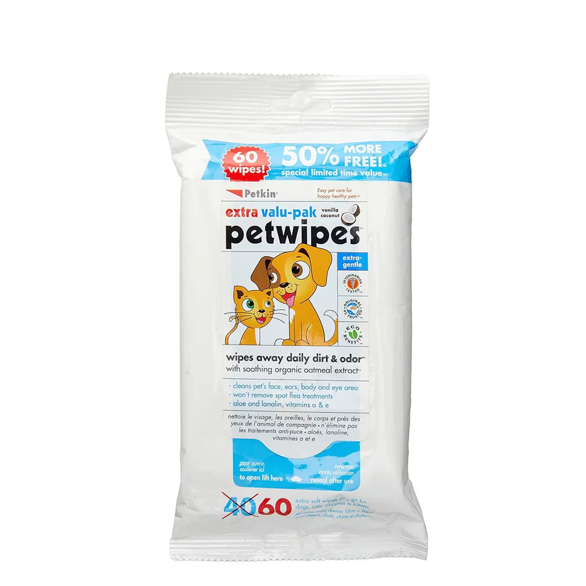 Petkin Pet Wipes Value Pack For Dog & Cat - 40 Wipes - Zigly