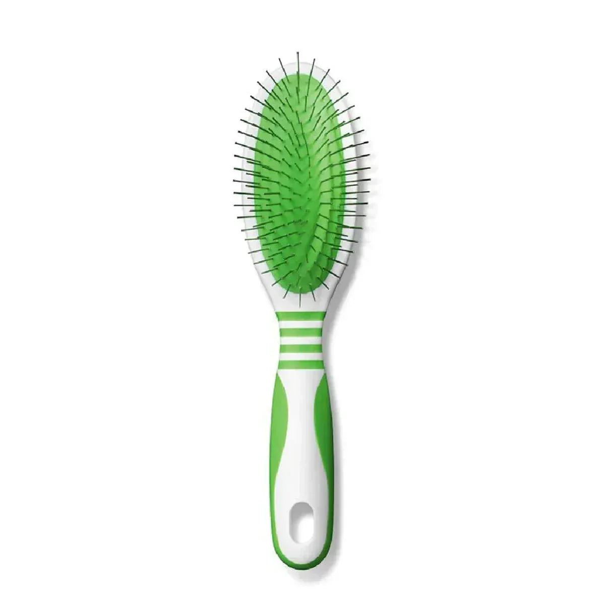 Zigly green and white pet grooming brush with oval head and metal bristles on white background