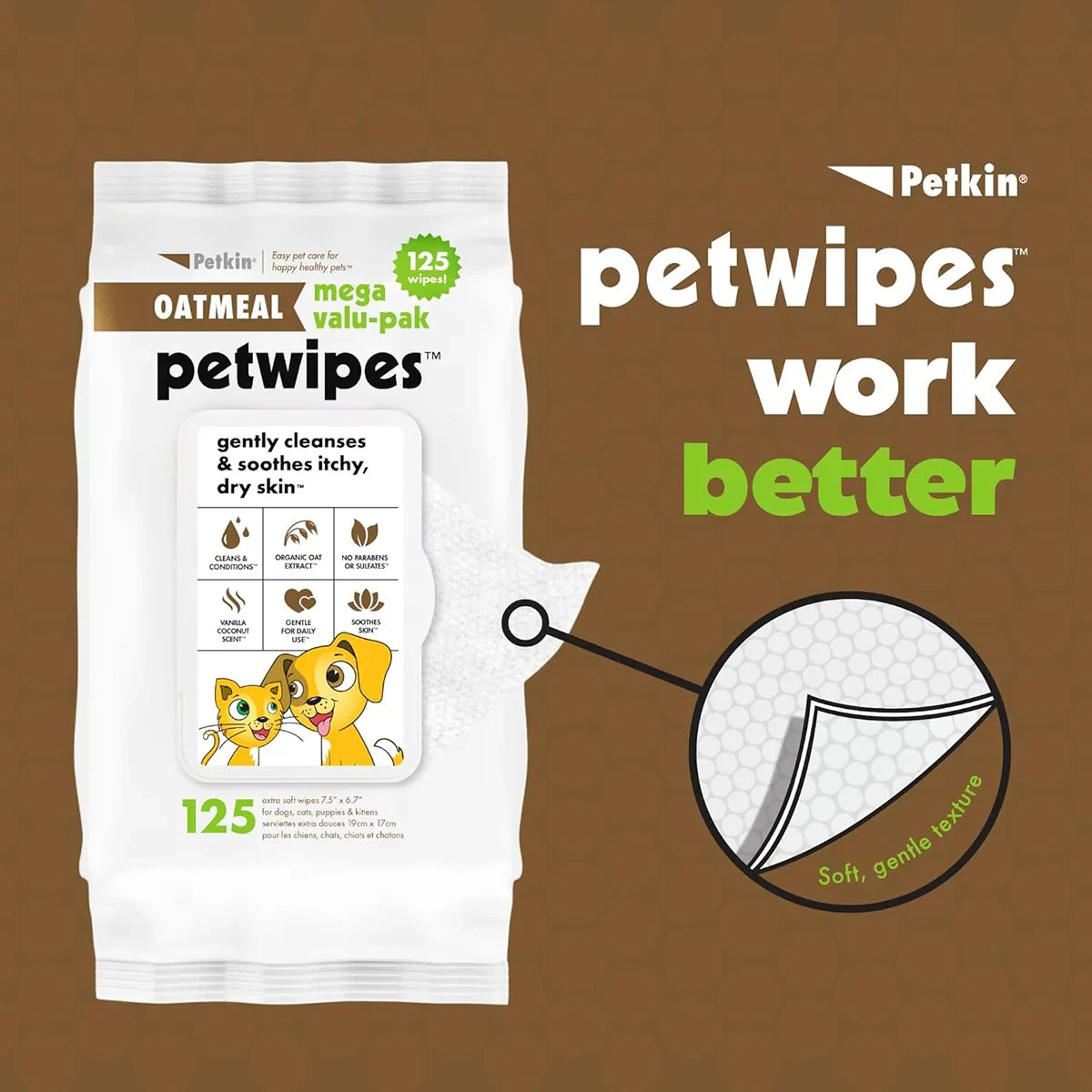 Petkin Oatmeal Mega Valu-Pak Pet Wipes - 125 Wipes - Zigly