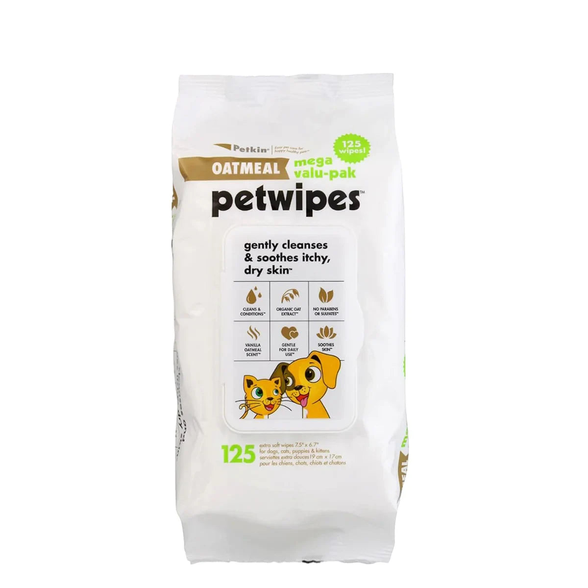 Petkin Oatmeal Mega Valu-Pak Pet Wipes - 125 Wipes - Zigly