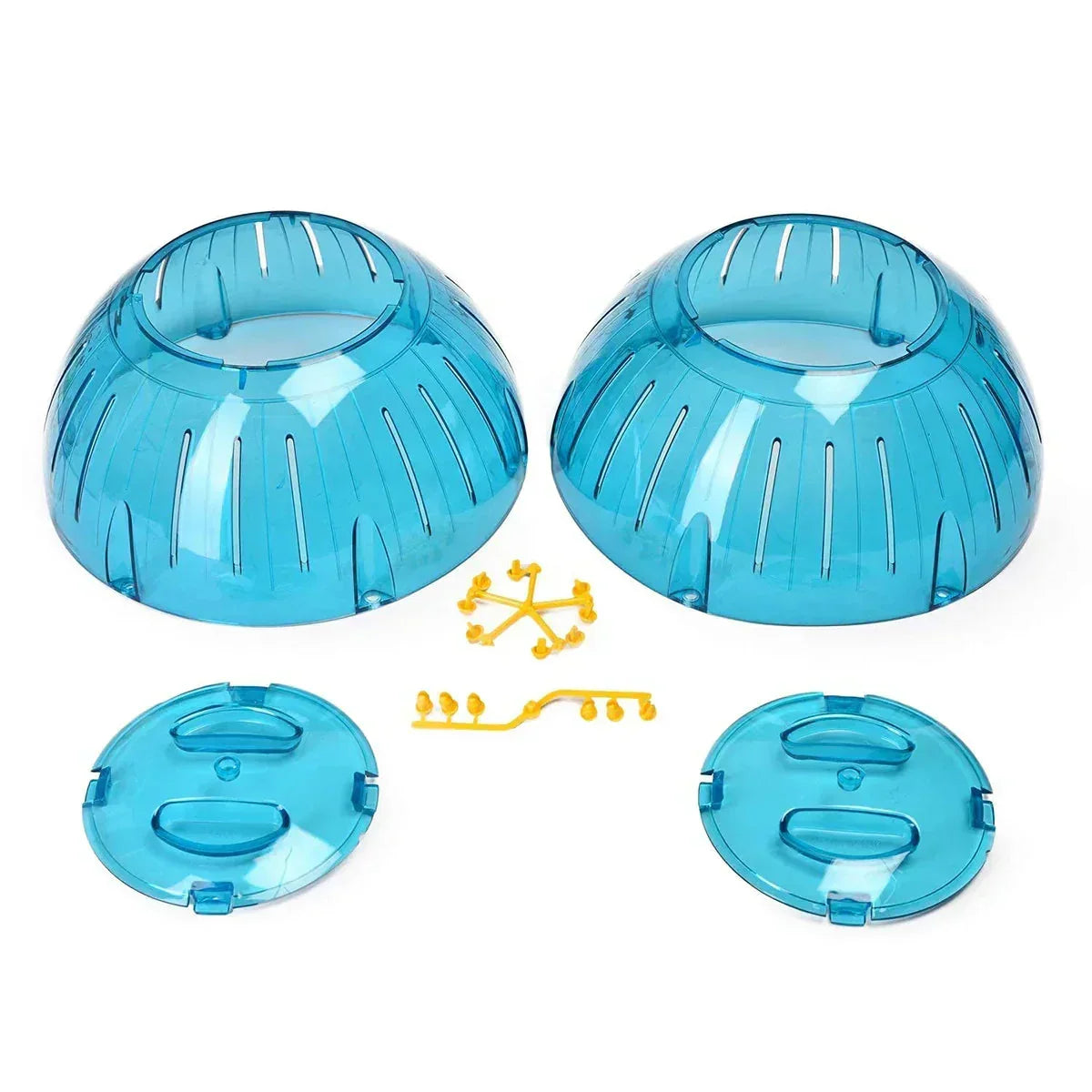 Zigly plastic hamster ball cage parts in blue with yellow clips, disassembled on white background