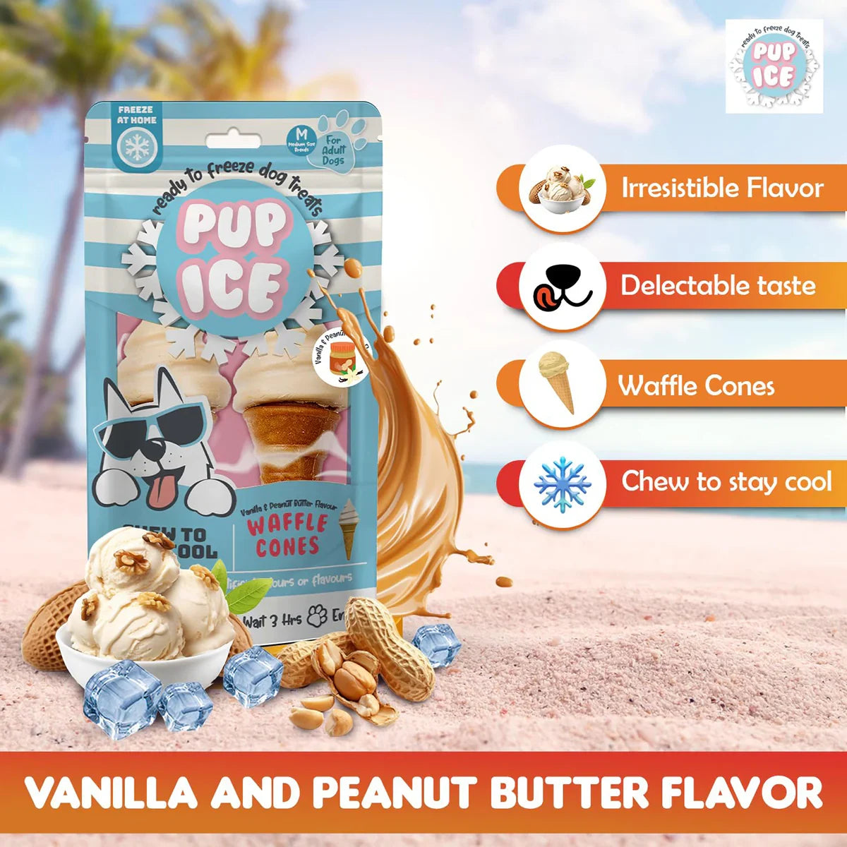 Imaginelles Pup Ice Waffle Cones Vanilla & Peanut Butter Dog Treat, 2 Pieces - 110g - Zigly