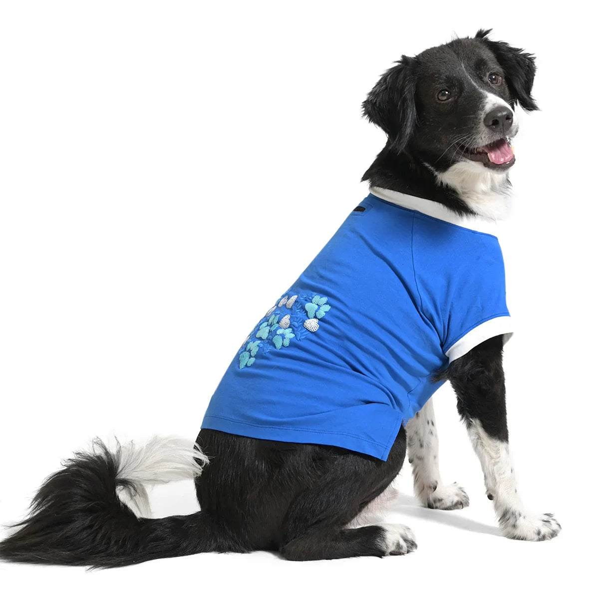 The Happy Lots Sparkle Paws Heartbeat Sequin Dog T-Shirt Blue - Zigly