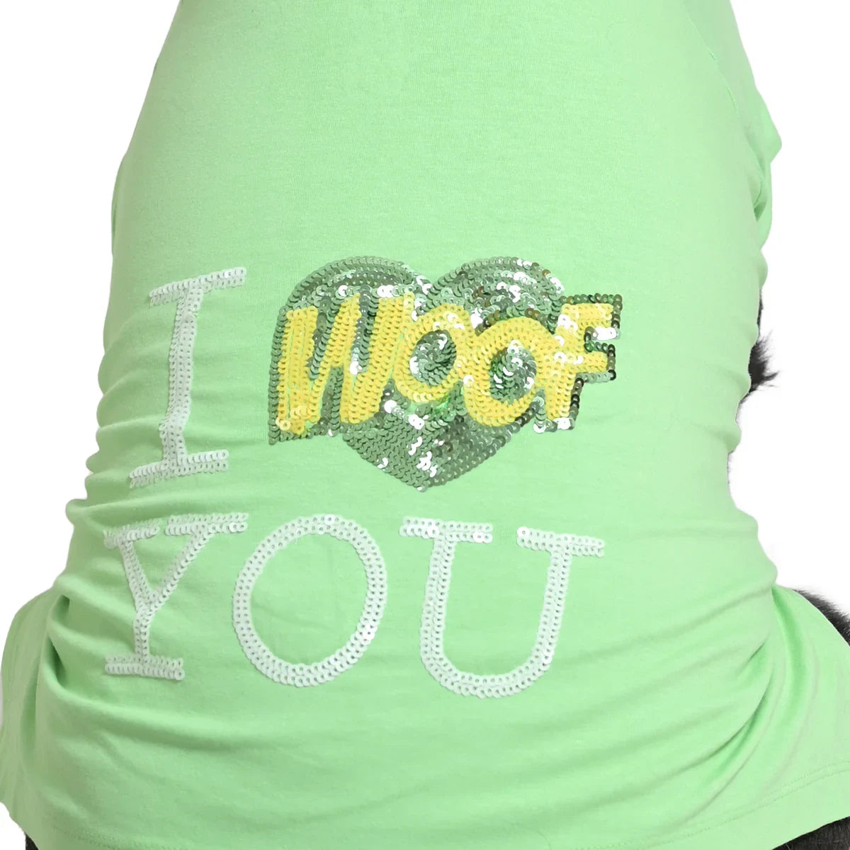 The Happy Lots I Woof You Sequin Dog T-Shirt Green - Zigly