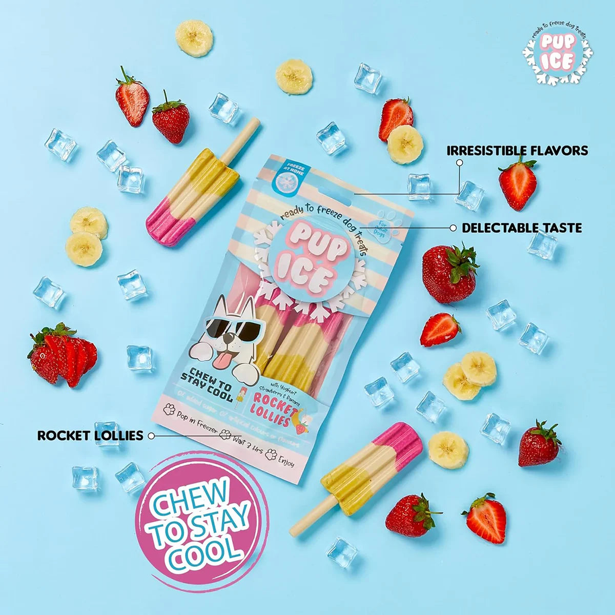 Pup Ice Rocket Lollies, Yoghurt Strawberry & Banana Flavour Dog Treat, 2 Pcs - 90g - Zigly