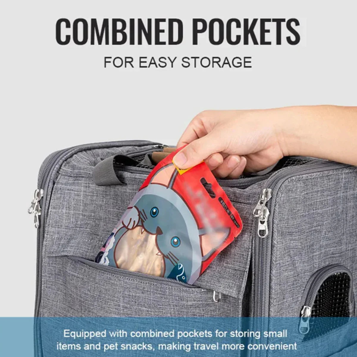 Hand placing pet snack bag into gray travel bag combined pocket for easy storage by Zigly